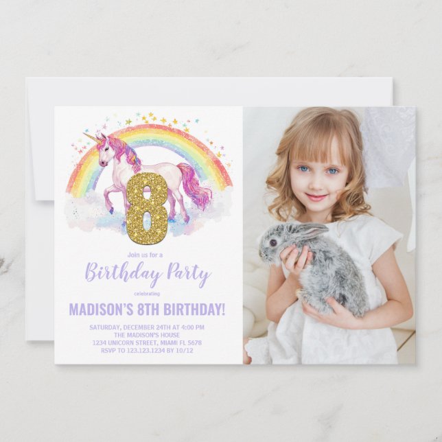 Convites 8ª foto do Rainbow Unicorn Birthday Invtions (Frente)