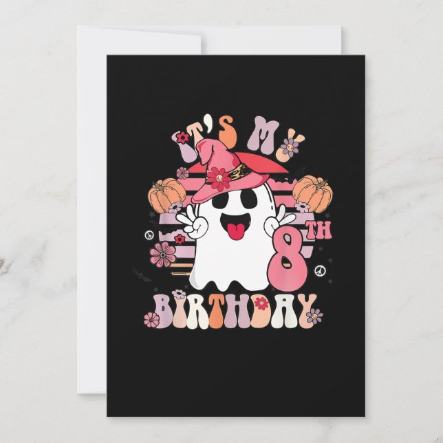 Convites 8º Aniversário Ofertas Loucas Boo Groovy Retro 70s (Frente)