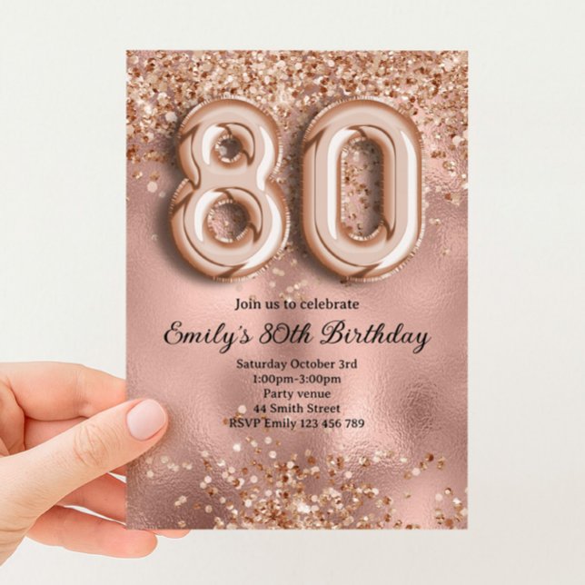 Convites 80º Aniversário Brilho Dourado Rosa (Criador carregado)