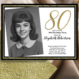Convites 80º Foto Personalizada Branco Preto e Dourado