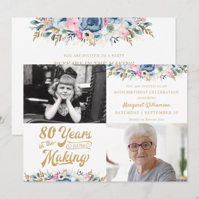 Convites 80º ou Qualquer Aniversário ANOS DE TRABALHO Flora (Frente/Verso)