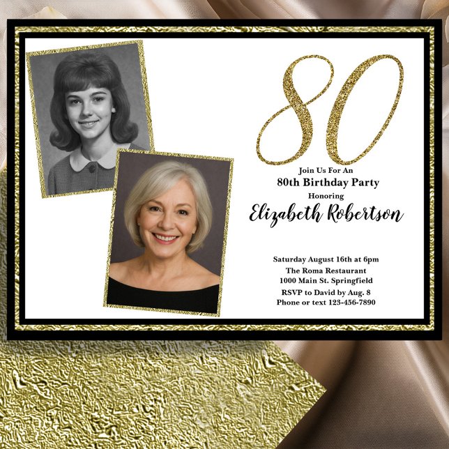 Convites 80º Personalizado 2 Fotos Branco Preto e Dourado  (Criador carregado)