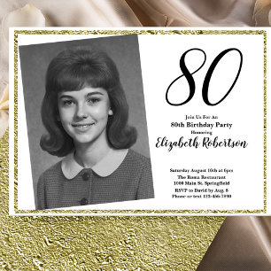 Convites 80º Personalizado Foto Branco e Dourado