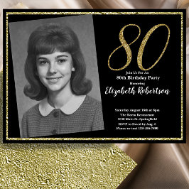 Convites 80º Personalizado Foto Preto e Dourado 