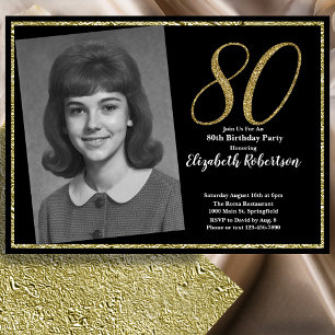 Convites 80º Personalizado Foto Preto e Dourado