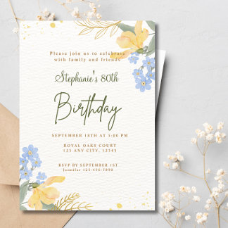 Convites 80 Amarelo Azul Flores Boho Watercolor Aniversário