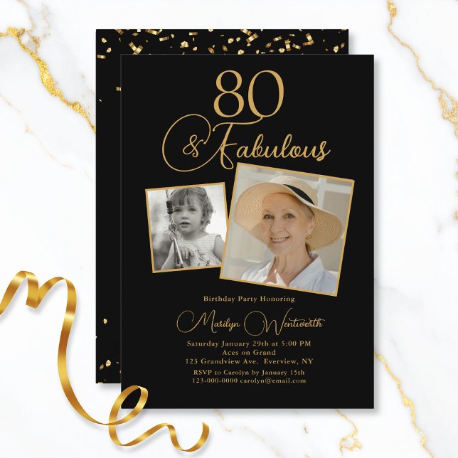 Convites 80 and Fabulous 80th Birthday Gold Script 2 Photo (Criador carregado)