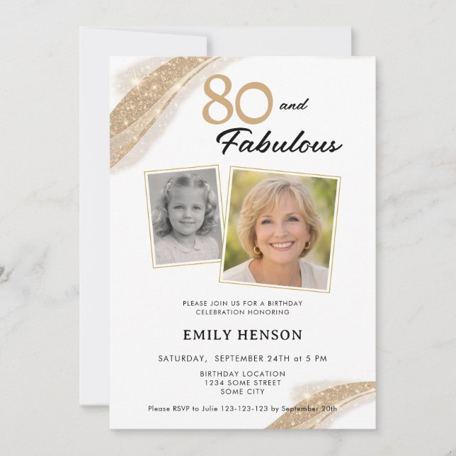 Convites 80 and Fabulous Gold 2 Photo Birthday (Frente)