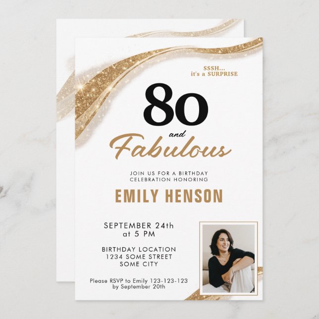 Convites 80 and Fabulous Gold 80th Birthday (Frente/Verso)