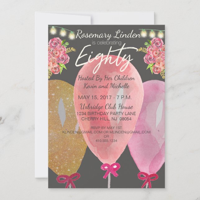 Convites 80 Aniversário Balões Flores e Luzes Convidam (Frente)