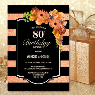 Convites 80 Aniversário Janto Laranja Negro Riscado Floral