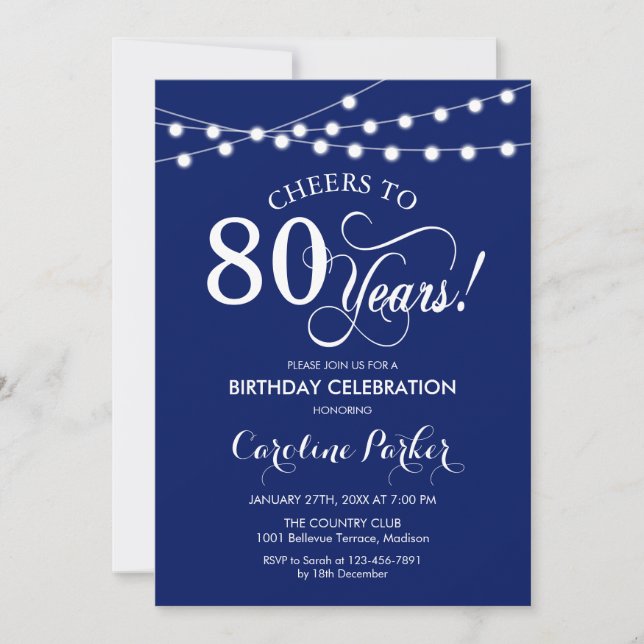 Convites 80 Aniversário - Marinho Azul Branco (Frente)