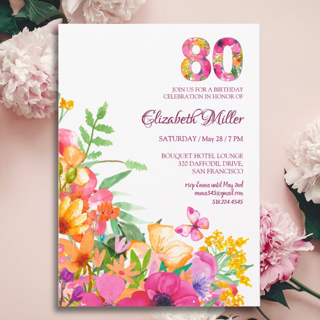 Convites 80 Anos Flores Borboletas 80º Aniversário (Criador carregado)