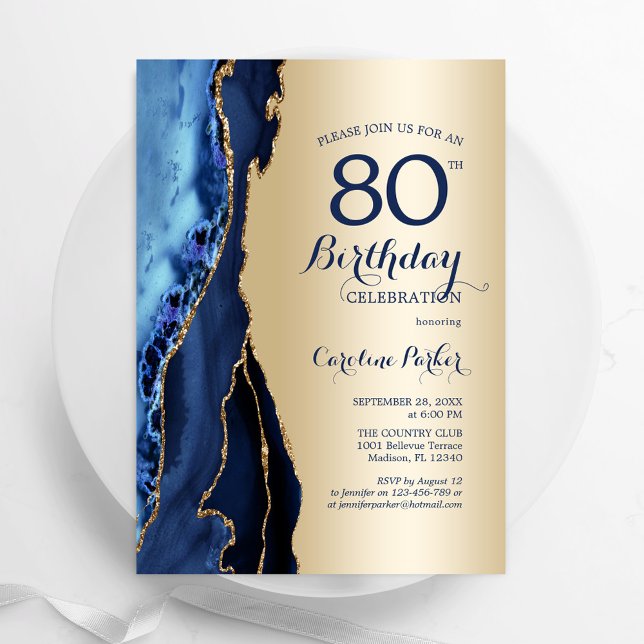 Convites 80 Azul-Agate do Marinho Dourado Aniversário (Criador carregado)