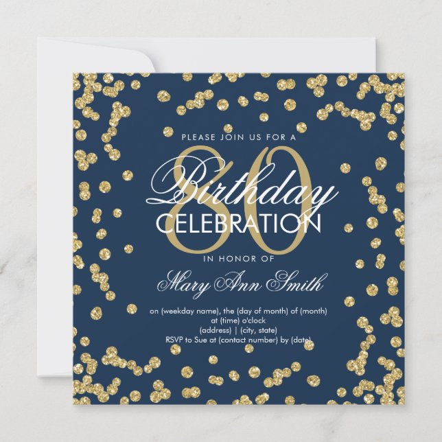 Convites 80 Azul de Marinho Dourado Aniversário Glitter Con (Frente)