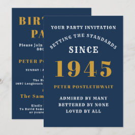 Convites 80 Birthday 1945 Azul Dourado Personalizado Para E