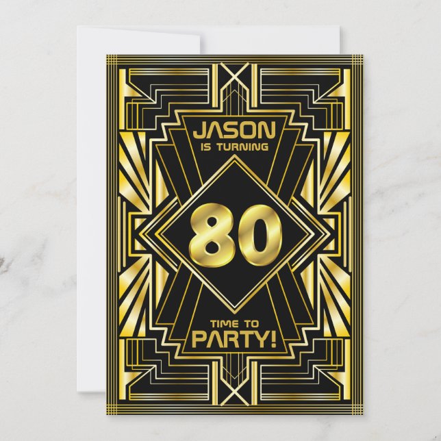 Convites 80 Birthday Art Deco Dourado Excelente Negro Gatsb (Frente)