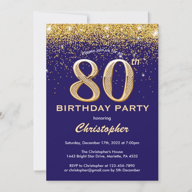 Convites 80 Birthday Black and Dourado Glitter Confetti (Frente)
