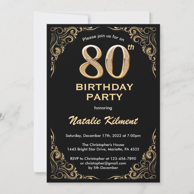 Convites 80 Birthday Black and Dourado Glitter Frame (Frente)