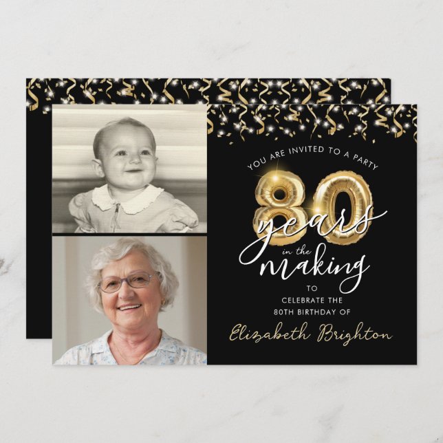 Convites 80 Birthday Black Dourado Balloons 2 Fotos (Frente/Verso)