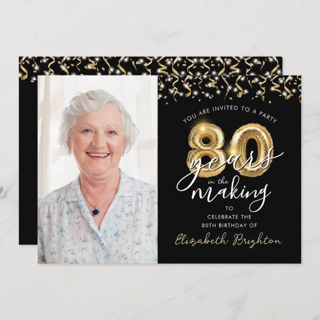 Convites 80 Birthday Black Dourado Balloons One Photo (Frente/Verso)