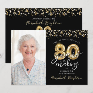 Convites 80 Birthday Black Dourado Balloons One Photo