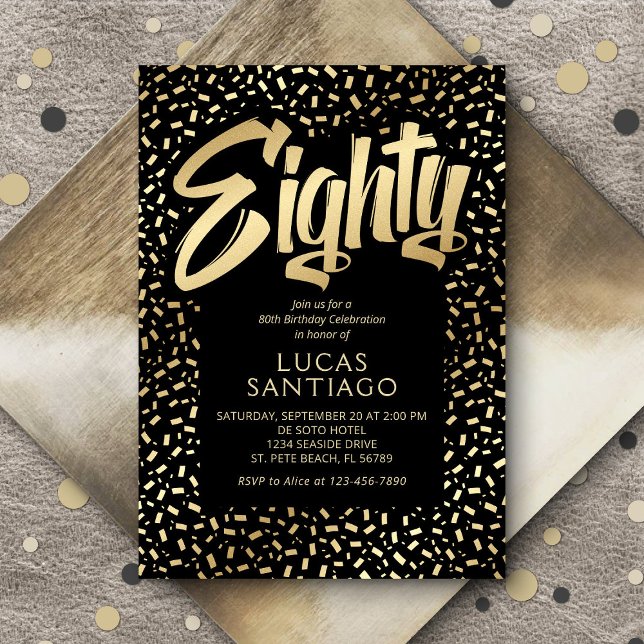 Convites 80 Birthday Black Dourado Confetti (Criador carregado)