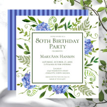 80 Birthday Blue Hydrangeas Floral Watercolor