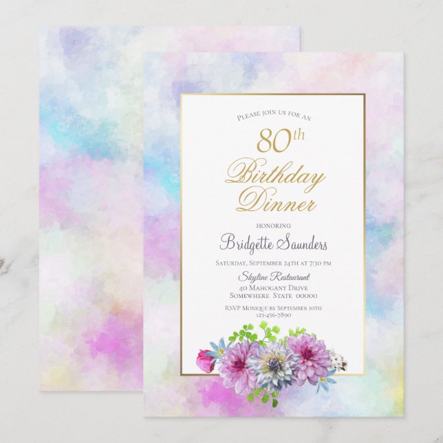 Convites 80 Birthday Blue Pink Floral Janto (Frente/Verso)