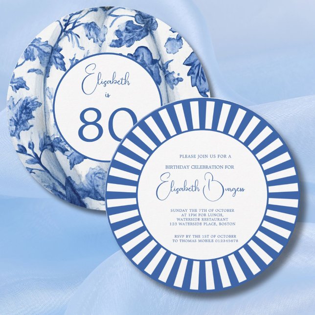 Convites 80 Birthday Blue Striper Floral (Criador carregado)