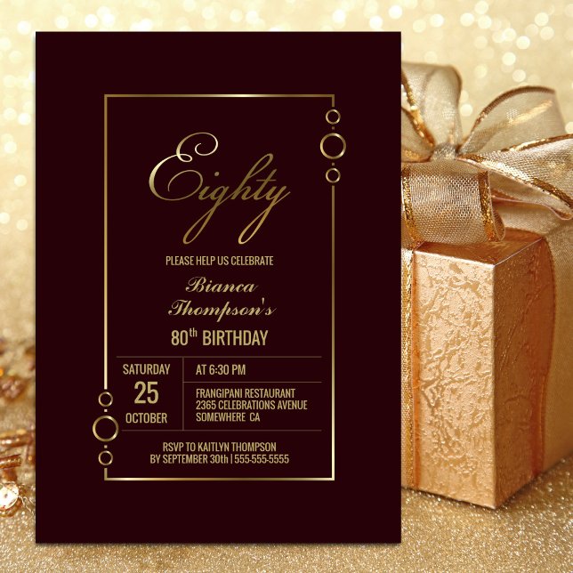Convites 80 Birthday Burgundy com Dourado Partido de Frame (Criador carregado)