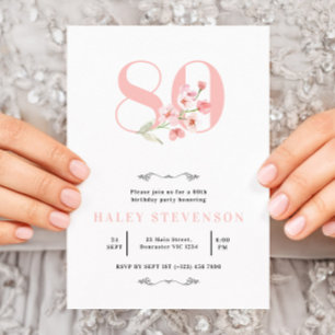 Convites 80 Birthday Chic Simples Rosa e Branco Floral