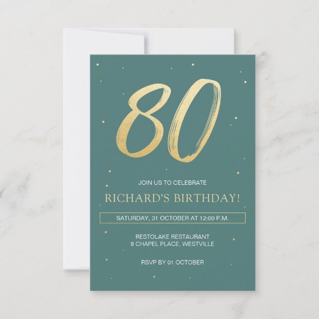 Convites 80 Birthday Convide com Sage Green e Dourado (Frente)