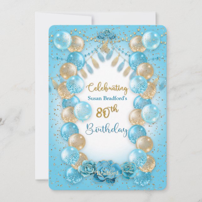 Convites 80 Birthday Damas Azul Dourado Balões Design (Frente)