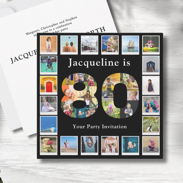 Convites 80 Birthday Design da sua própria Colagem de Fotos (Personalized 80th birthday invitations with photo collage template.)