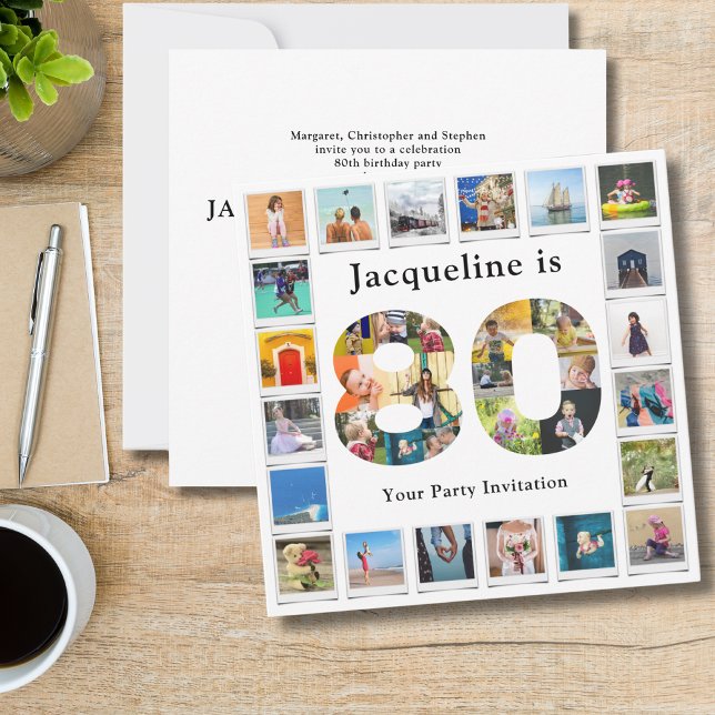 Convites 80 Birthday Design da sua própria Colagem de Fotos (Personalized 80th birthday invitations with family photo collage template.)
