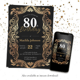 Convites 80 Birthday Dourado Glamorre Elegante Boho