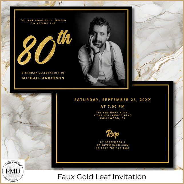 Convites 80 Birthday Elegant Photo Black Dourado (70th Birthday Black and Gold Photo Invitation with Faux Gold Leaf, Party Details on the Back.)