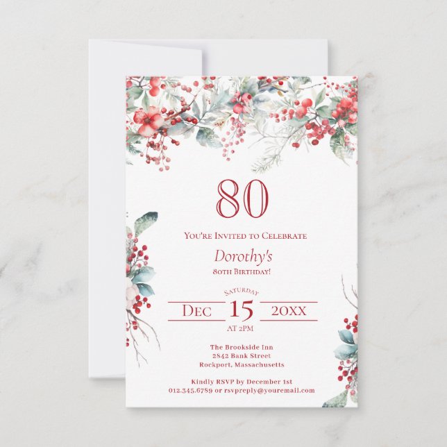 Convites 80 Birthday Elegant Winter Berry Botanic (Frente)