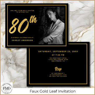 Convites 80 Birthday Elegante Foto Negra Folha Dourada