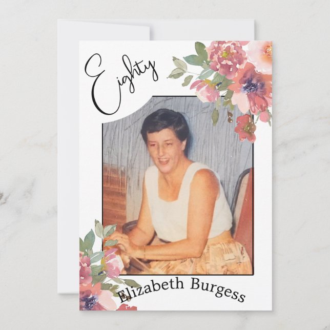 Convites 80 Birthday Floral Photo Elegant Aniversário (Verso)