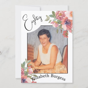 Convites 80 Birthday Floral Photo Elegant Aniversário