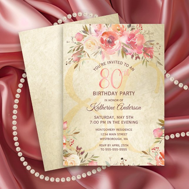 Convites 80 Birthday Floral Pink Roses Douradas Shimmer Par (Elegant 80th birthday Party Invitation with pink rose floral and gold shimmer)