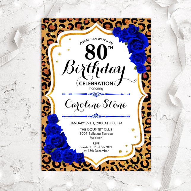 Convites 80 Birthday - Impressão Azul Real Dourada sobre Le (Criador carregado)