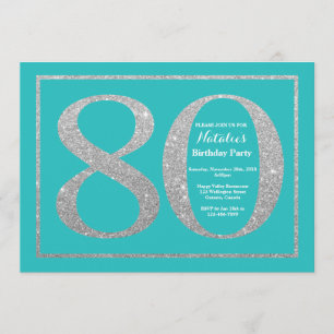 Convites 80 Birthday Invitation Teal and Silver Glitter