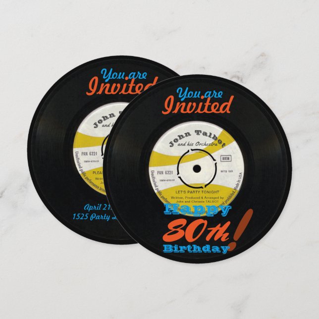 Convites 80 Birthday Invite Retro Vinil Record 45 RPM (Frente/Verso)