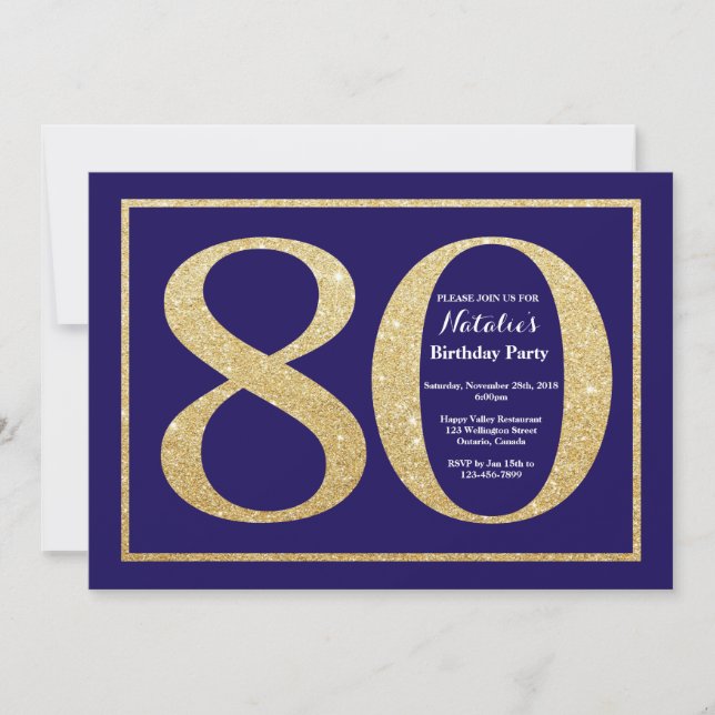 Convites 80 Birthday Marinho Azul e Dourado Brilho (Frente)