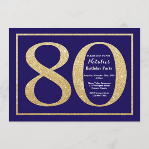 Convites 80 Birthday Marinho Azul e Dourado Brilho