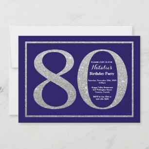 Convites 80 Birthday Marinho Azul e Silver Glitter