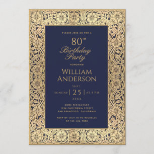 Convites 80 Birthday Marinho Azul Rosa Dourado Vintage Eleg